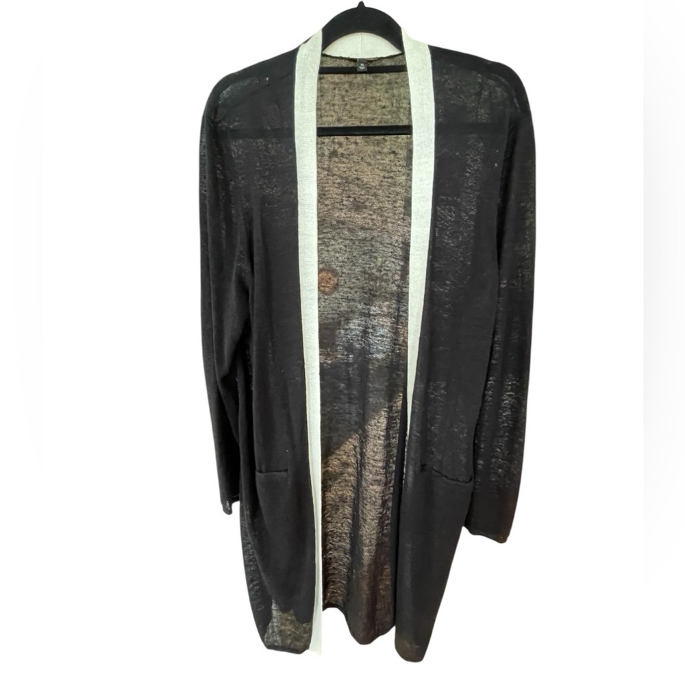 🖤🤍Talbots Black and Cream Open Front Linen blend Cardigan size XL. A staple!